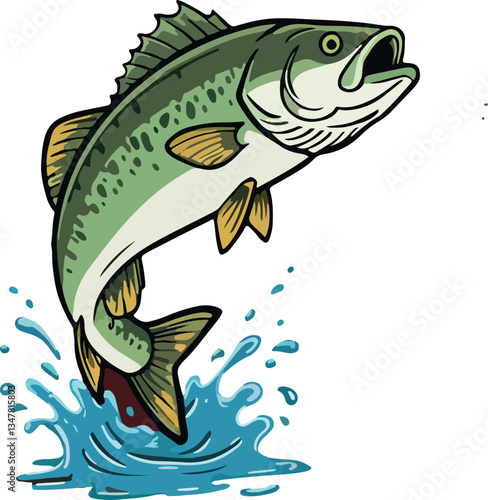 Jumping Bass Fish Illustration with Splash – Dynamic Fishing Logo, Wildlife Vector Art for Anglers and Sports.