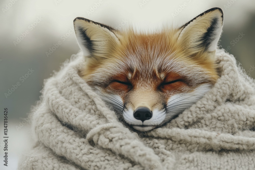 Fototapeta premium Tranquil Red Fox Wrapped in Cozy Knit Scarf, Eyes Closed in Peaceful Slumber, Soft Natural Light