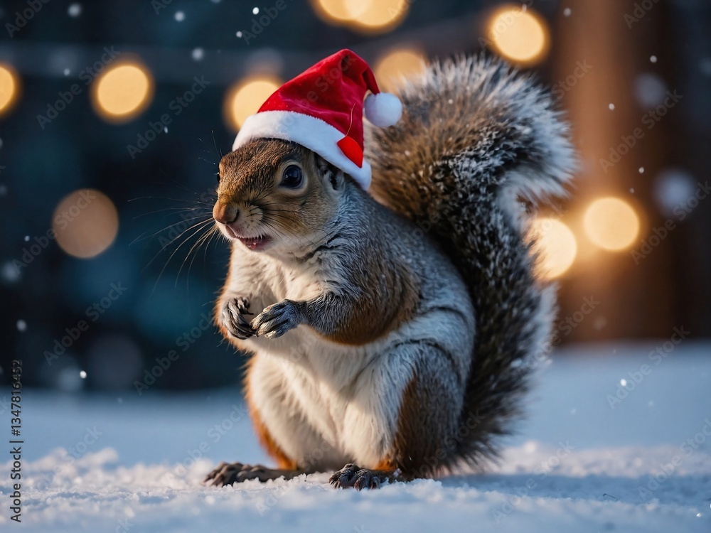 Festive squirrel with a Santa hat, surrounded by winter lights. Festive squirrel with a Santa hat, surrounded by winter lights.