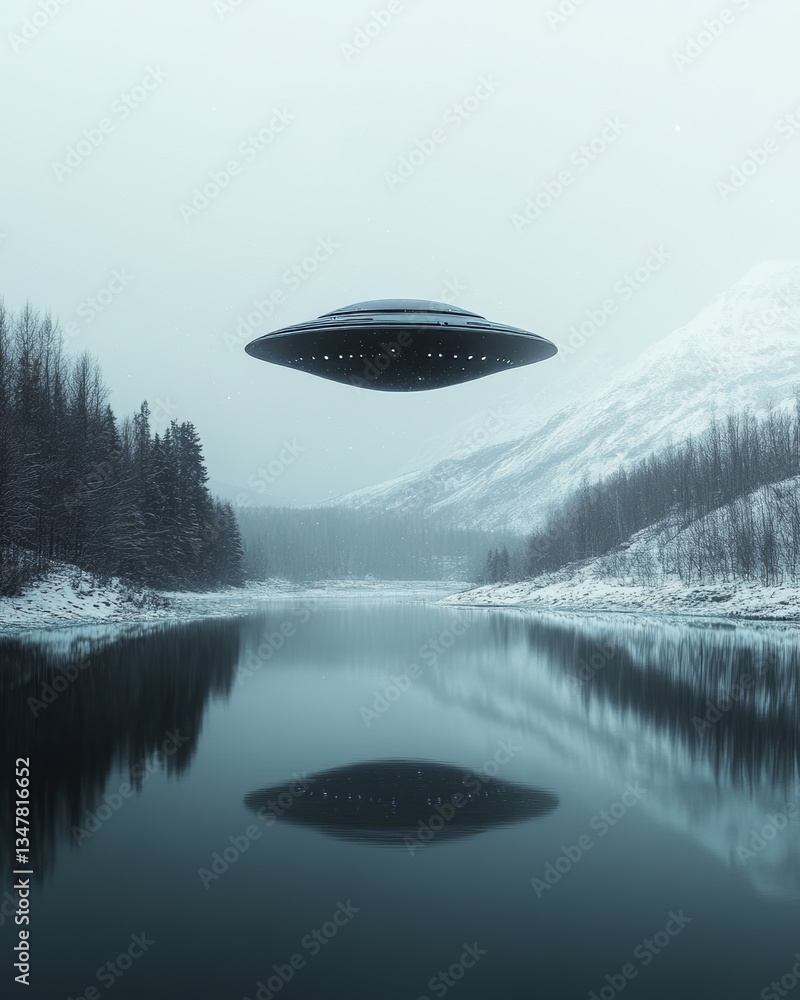 Ufo flying over snowy landscape reflecting in lake Ufo flying over snowy landscape reflecting in lake