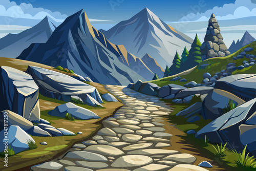 road path in rocky mountains with stones illustration cartoon