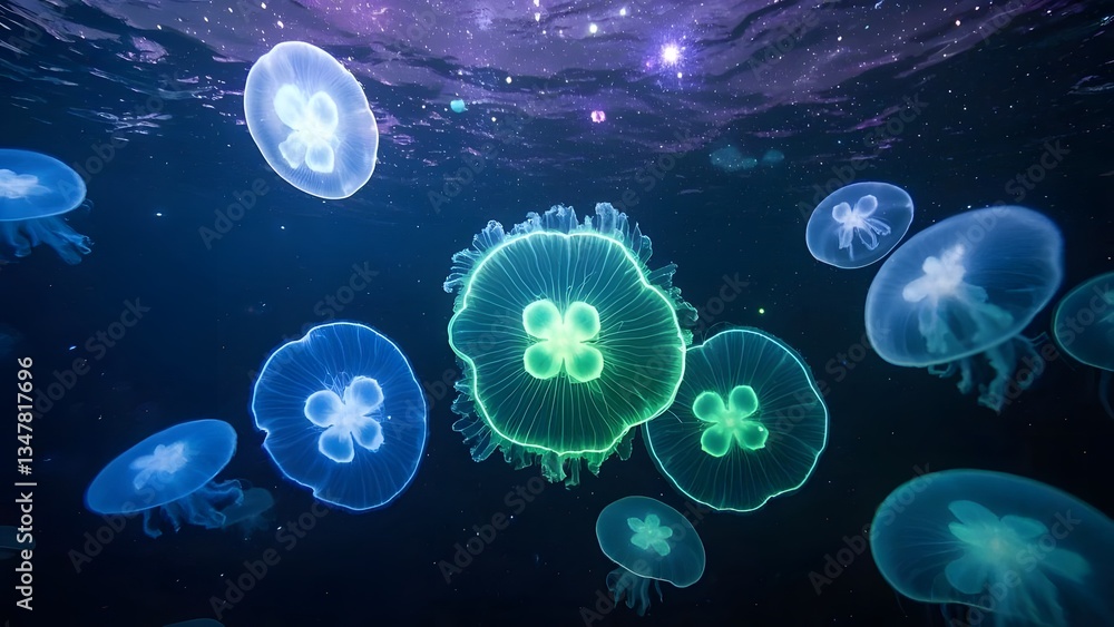 A Serene Evening With Bioluminescent Jellyfish Illuminating The Ocean Under Cosmic Skies A Serene Evening With Bioluminescent Jellyfish Illuminating The Ocean Under Cosmic Skies