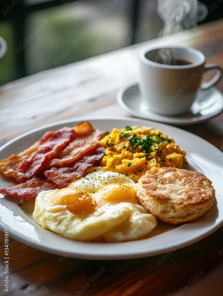 Delicious breakfast plate featuring sunny side up eggs, crispy bacon, fluffy scrambled eggs with herbs, and a fresh biscuit with steaming coffee Delicious breakfast plate featuring sunny side up eggs, crispy bacon, fluffy scrambled eggs with herbs, and a fresh biscuit with steaming coffee