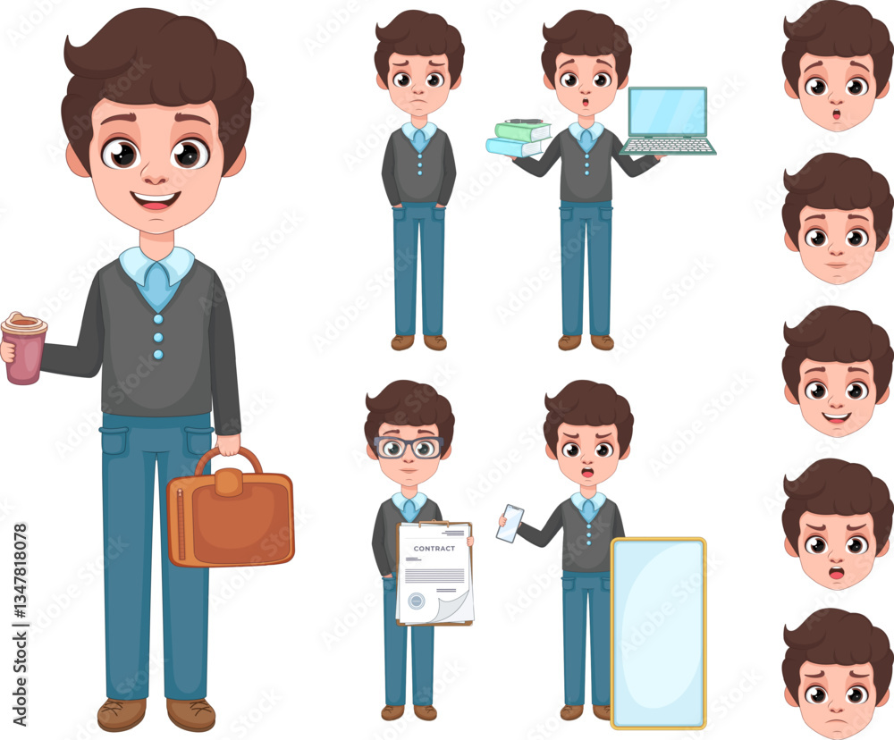 Obraz premium Office Worker Character Set. Businessman with Different Emotions and Office Items