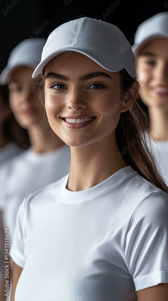 Smiling woman volunteers with supporting team wearing white shirts and hats, representing teamwork, collaboration, giving back to community, volunteering, charity, service.