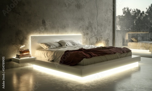 Wallpaper Mural Illuminated modern bedroom featuring a low platform bed with bedding Torontodigital.ca