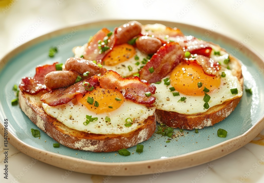 Delicious Breakfast Plate with Fried Eggs, Crispy Bacon, Sausages, and Fresh Chives Served on Toasted Bread in a Bright Kitchen Setting Delicious Breakfast Plate with Fried Eggs, Crispy Bacon, Sausages, and Fresh Chives Served on Toasted Bread in a Bright Kitchen Setting