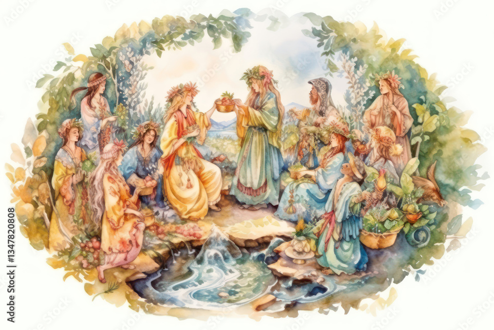 Obraz premium scene of a folk festival, made in watercolor technique. In the center of the composition are several women in traditional dresses, decorated with flower wreaths. 