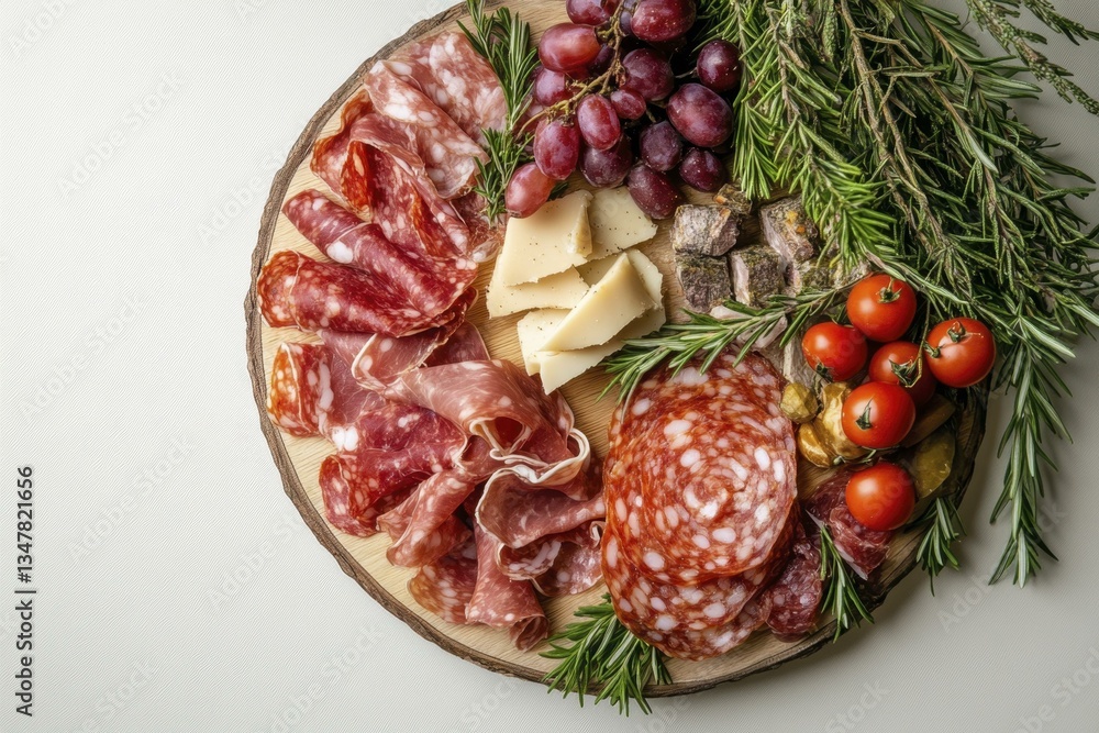 Gourmet Charcuterie Board with Salami, Cheese, Grapes, Rosemary, and Tomatoes for Antipasto or Appetizer Gourmet Charcuterie Board with Salami, Cheese, Grapes, Rosemary, and Tomatoes for Antipasto or Appetizer
