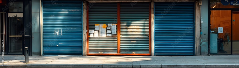 Fototapeta premium A closed storefront with blue metal shutters, reflecting urban life and business closures during off-hours.
