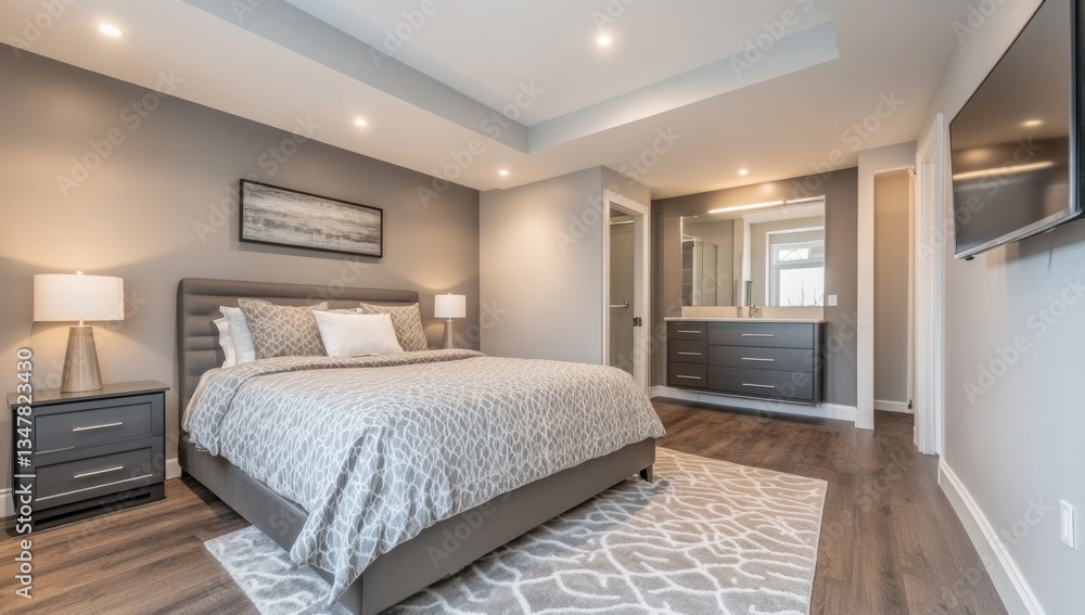 A modern bedroom interior showing a bed and bathroom area A modern bedroom interior showing a bed and bathroom area