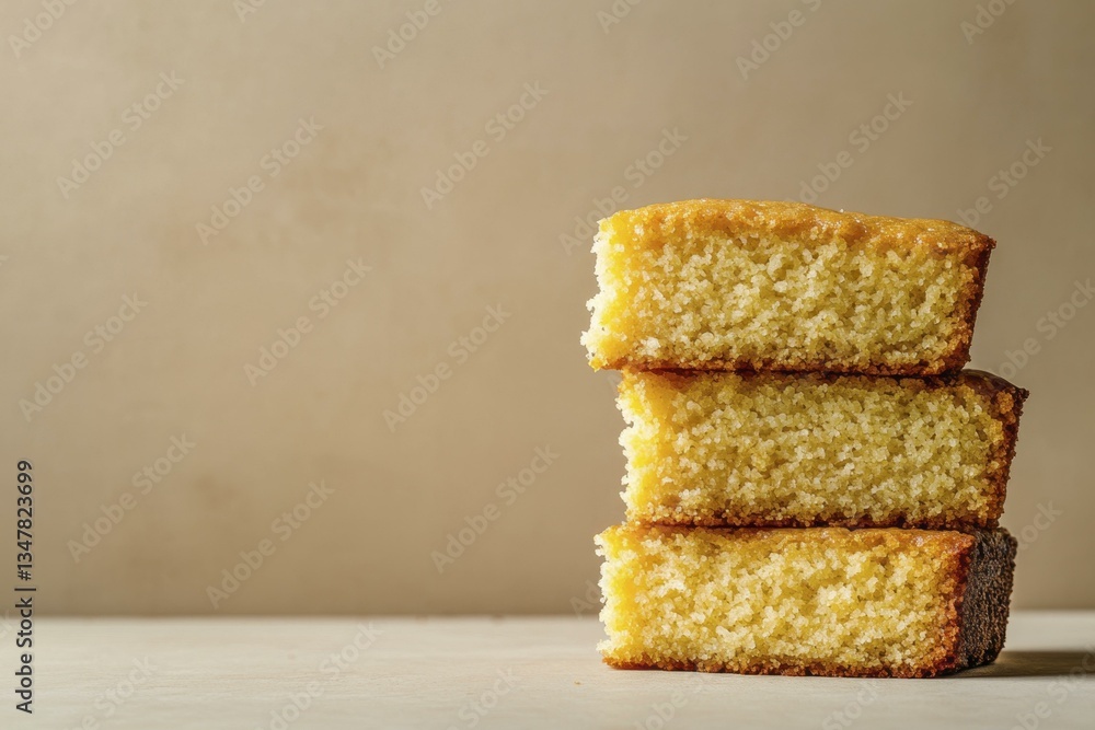 Fototapeta premium Stack of Three Golden Brown Rectangular Cake Slices on Beige Background - Delicious Dessert Presentation