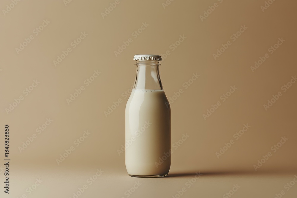 Glass Bottle with Creamy Milk on Light Brown Background - Close-up Still Life Food Photography Glass Bottle with Creamy Milk on Light Brown Background - Close-up Still Life Food Photography