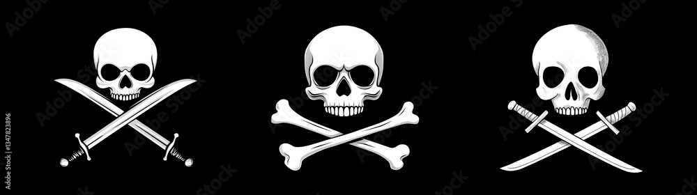 Jolly roger skull and bones or swords pirate sign, black and white drawing, multiple versions. Generative AI
