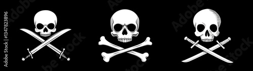 Obraz na płótnie Jolly roger skull and bones or swords pirate sign, black and white drawing, multiple versions. Generative AI w salonie