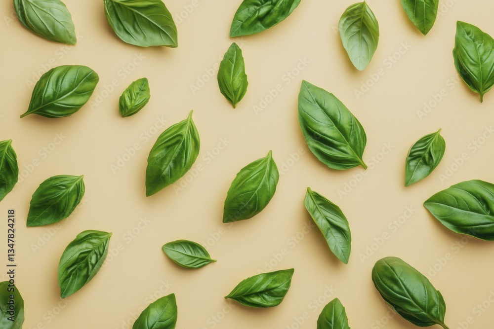 Fresh Basil Leaves on Beige Background - Culinary Herbs, Aromatherapy Ingredient, Natural Food Decoration, Cooking Ingredient Fresh Basil Leaves on Beige Background - Culinary Herbs, Aromatherapy Ingredient, Natural Food Decoration, Cooking Ingredient