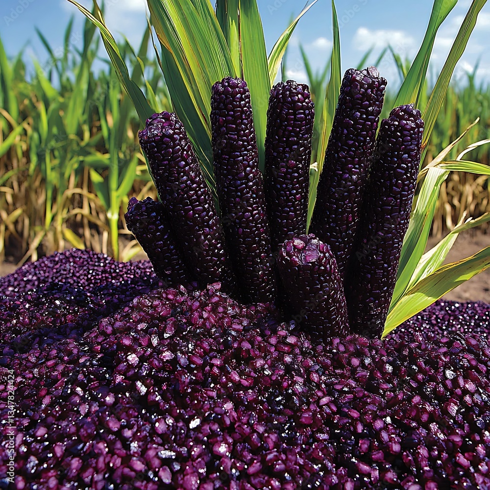 Fototapeta premium Beautiful purple corn plants displaying the dark colored corncobs in sunlight