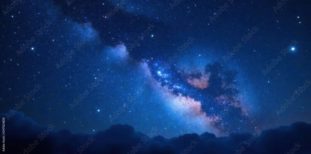 Fototapeta premium Milky Way galaxy background with twinkling stars and a dark blue atmosphere, deep space, starfield