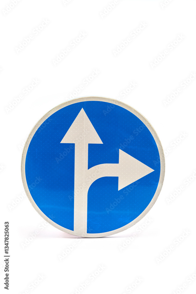 Directional Road Sign Indicating Paths Ahead with Options to Continue Forward or Turn Right for Safety Navigation in Urban Areas
