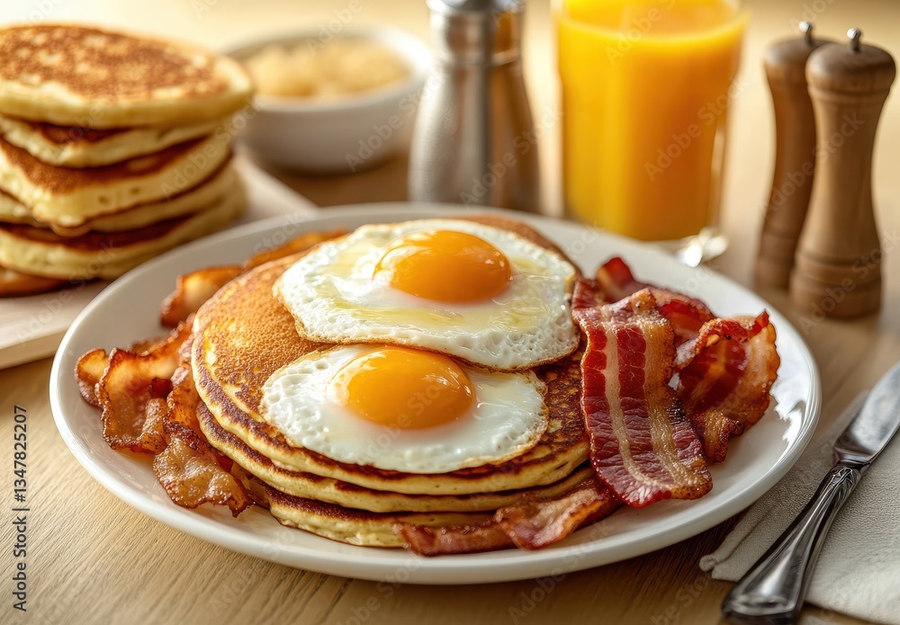 Delicious Breakfast with Fluffy Pancakes, Crispy Bacon, Sunny-Side Up Eggs, and Fresh Orange Juice on a Wooden Table Delicious Breakfast with Fluffy Pancakes, Crispy Bacon, Sunny-Side Up Eggs, and Fresh Orange Juice on a Wooden Table