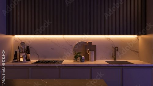 Image showcases a modern kitchen detail, emphasizing a sleek countertop with various utensils and a built-in stovetop, illuminated by warm LED lighting, 3D render