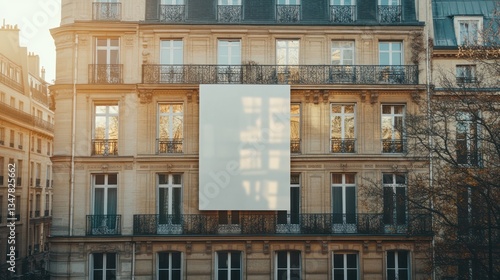 Fototapeta Naklejka Na Ścianę i Meble -  Blank Billboard on Parisian Building at Golden Hour