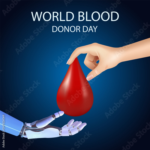 Robot hand holding a drop of blood with a human. AI