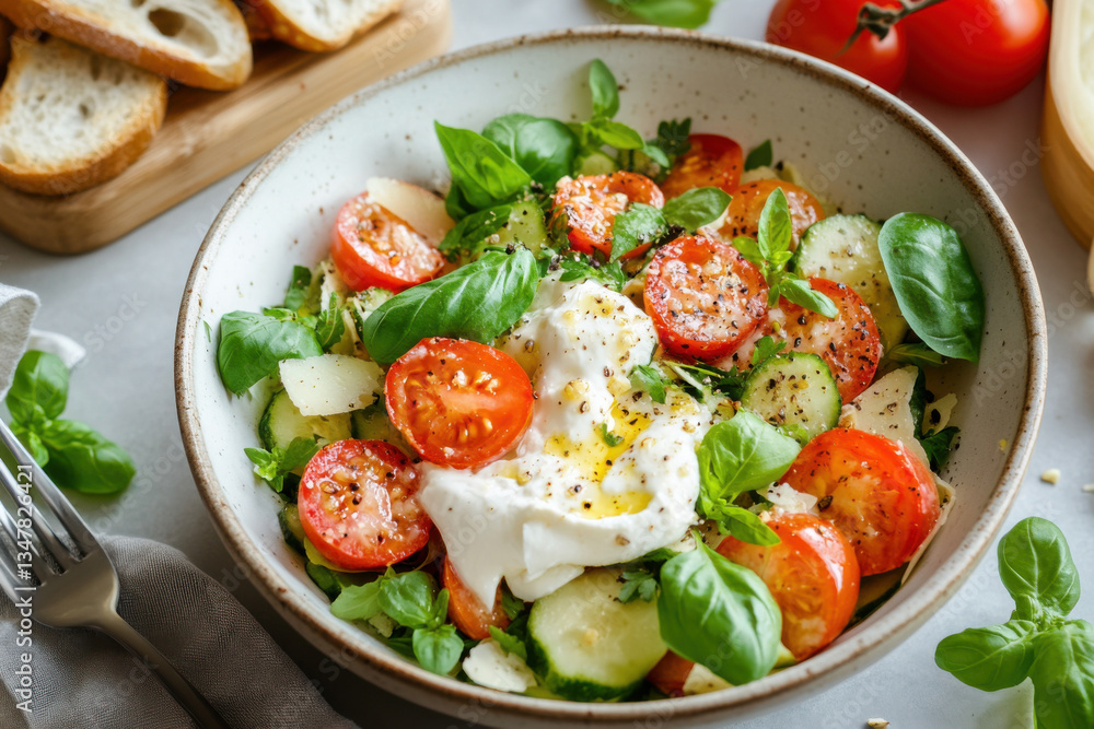 Creamy burrata salad with cherry tomatoes, cucumber, and fresh basil Creamy burrata salad with cherry tomatoes, cucumber, and fresh basil