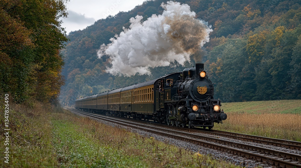 Fototapeta premium Vintage Steam Locomotive Journey Through Scenic Countryside: Historic Adventure Travel on Railway Tracks