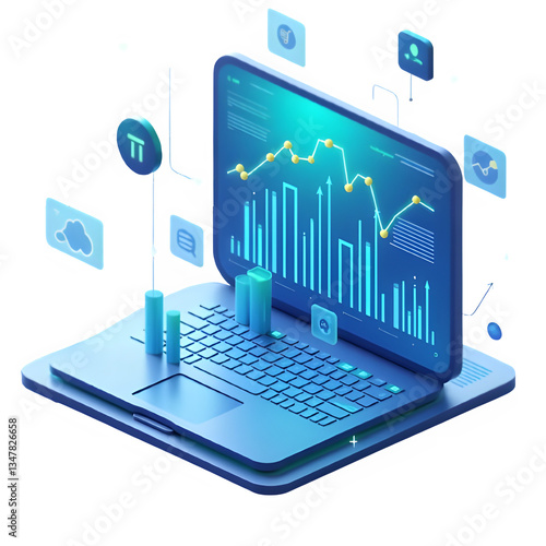 Futuristic 3D-rendered icon of a digital screen displaying data analysis, charts, and graphs in a glowing blue interface. Abstract tech elements float around, symbolizing analytics and AI. Black backg