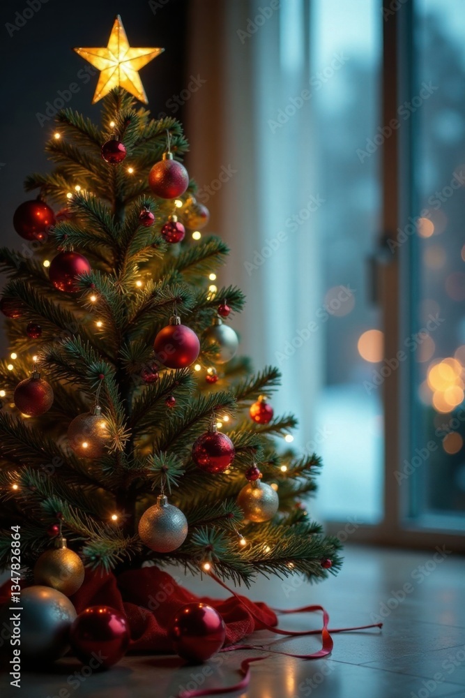 Modern Christmas tree with ornaments and lights, modern, holiday, ornaments Modern Christmas tree with ornaments and lights, modern, holiday, ornaments