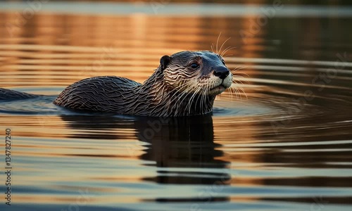 An otter swimming in calm water, reflecting warm colors of the sunset.