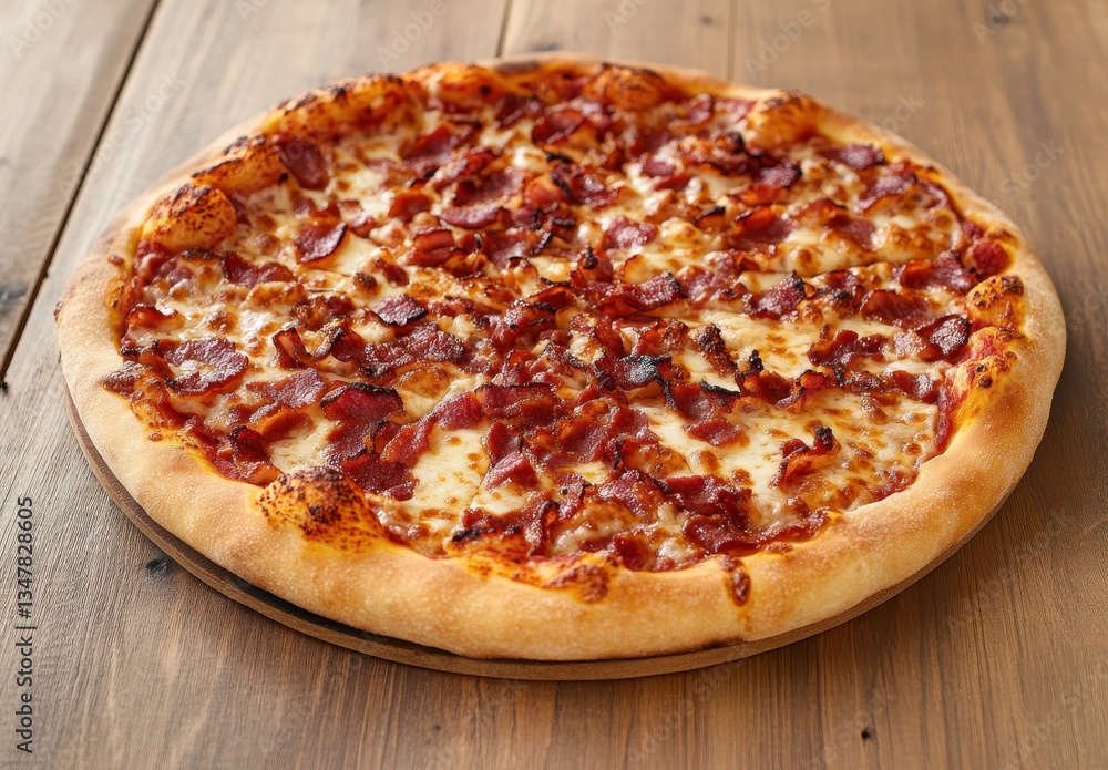 Delicious freshly baked pizza with crispy bacon pieces on a wooden table, perfect for food photography and culinary inspiration, inviting and appetizing appearance Delicious freshly baked pizza with crispy bacon pieces on a wooden table, perfect for food photography and culinary inspiration, inviting and appetizing appearance