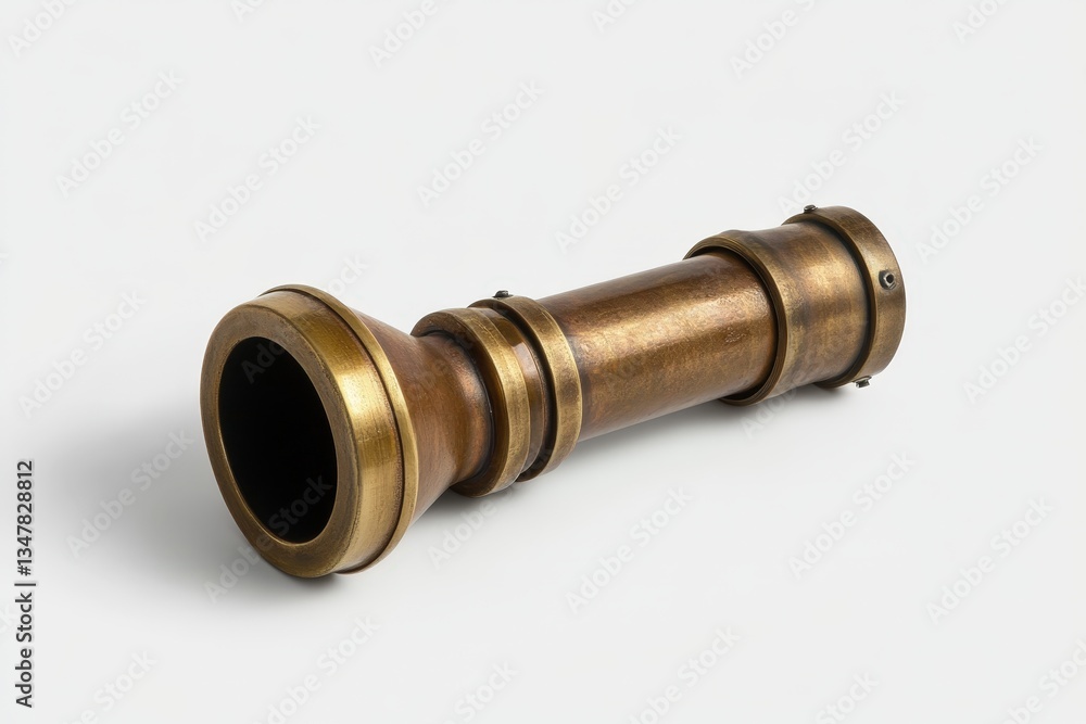 An antique metal instrument resting on a plain white background An antique metal instrument resting on a plain white background