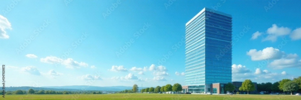 Obraz premium office building in the distance on a clear blue sky, corporate center, blue sky, cityscape