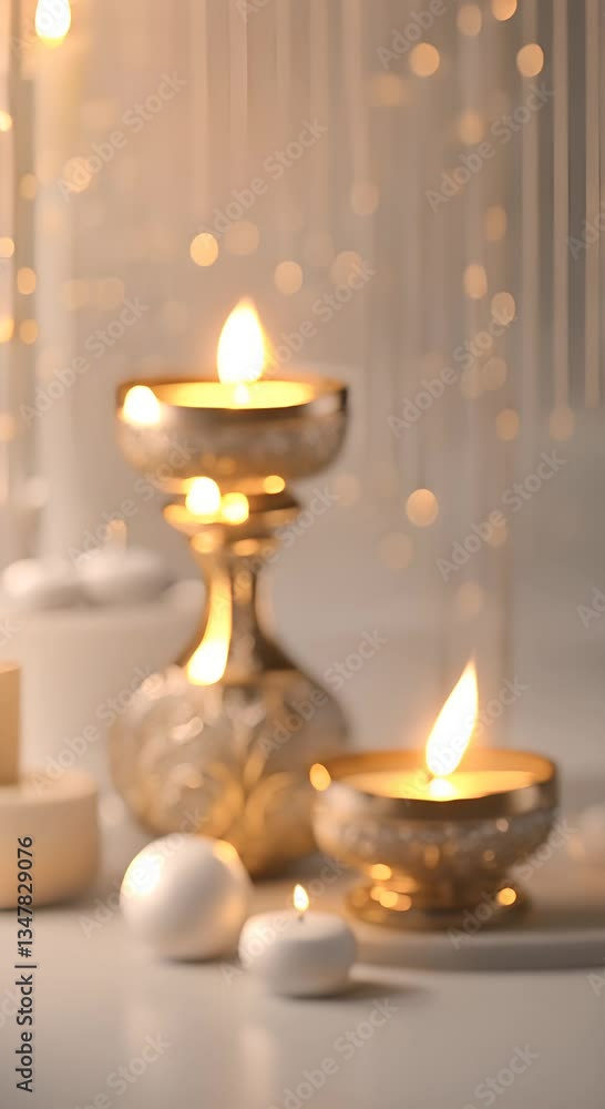 Delicate candles glow warmly on an intricately designed surface creating a festive atmosphere 4K vertical Delicate candles glow warmly on an intricately designed surface creating a festive atmosphere 4K vertical