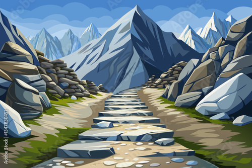 road path in rocky mountains with stones illustration cartoon