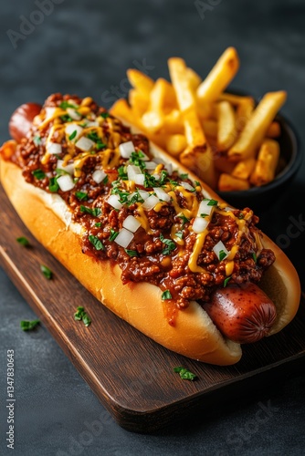 Cincinnati chili hot dog served with crispy French fries and garnished with onions and cheese