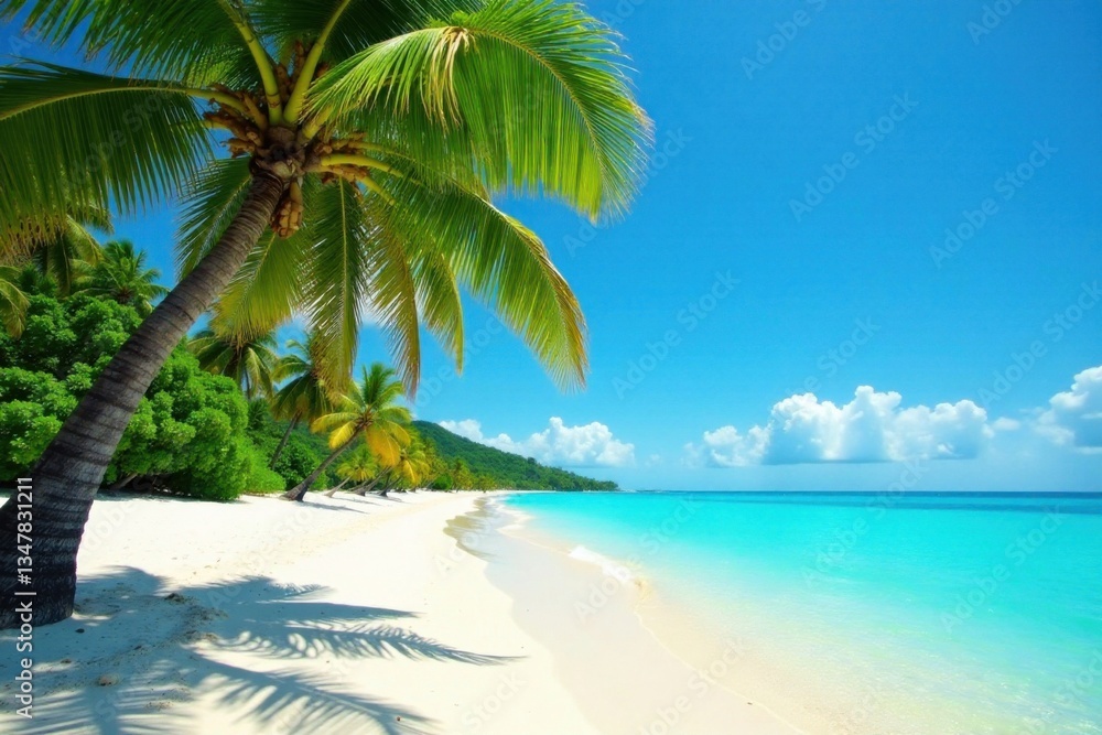 Palm trees sway in ocean breeze on sandy beach, surrounded by clear turquoise water, sand, palm trees Palm trees sway in ocean breeze on sandy beach, surrounded by clear turquoise water, sand, palm trees