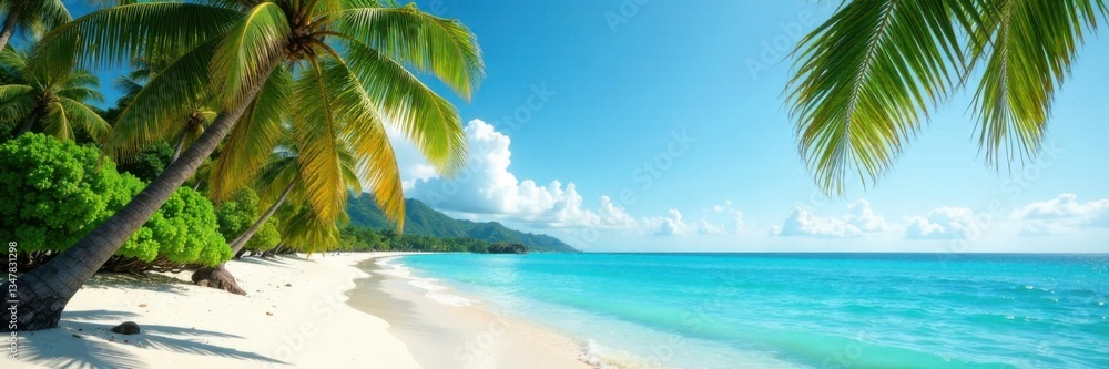 Palm trees swaying in ocean breeze with sandy beach and turquoise water , ocean, turquoise Palm trees swaying in ocean breeze with sandy beach and turquoise water , ocean, turquoise