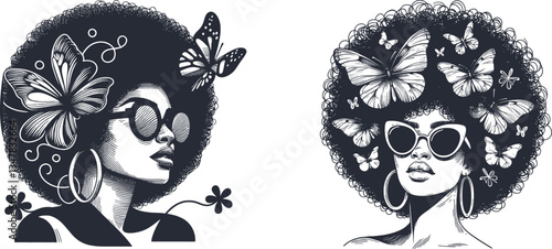 Engraved Stylish Woman with Sunglasses, Voluminous Afro, Hoop Earrings & Graceful Butterflies Design 
