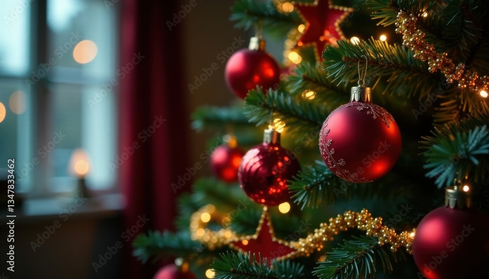 Red ornaments and garlands on a tree in a dimly lit room, colorful accents, seasonal atmosphere Red ornaments and garlands on a tree in a dimly lit room, colorful accents, seasonal atmosphere
