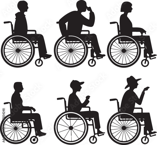 A black silhouette of six people in wheelchairs vector on white background