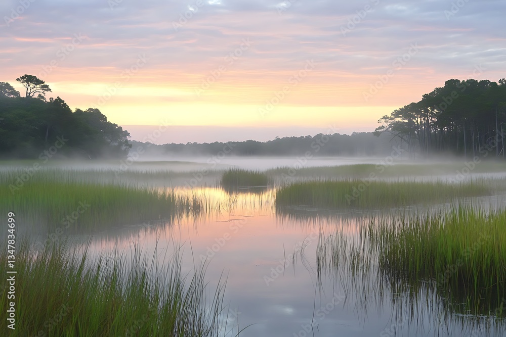 Fototapeta premium Tranquil stillness of marsh at first light uncovers a dreamy pattern of mist-filled wetlands grand stalks and soft appeal of early sun in this soothing vista