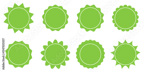 Eight round frames of various shapes with wavy, zigzag edges, circle - edging inside. Vector illustration of empty clean templates-silhouettes for texts, advertising flyers, price tags, discounts.