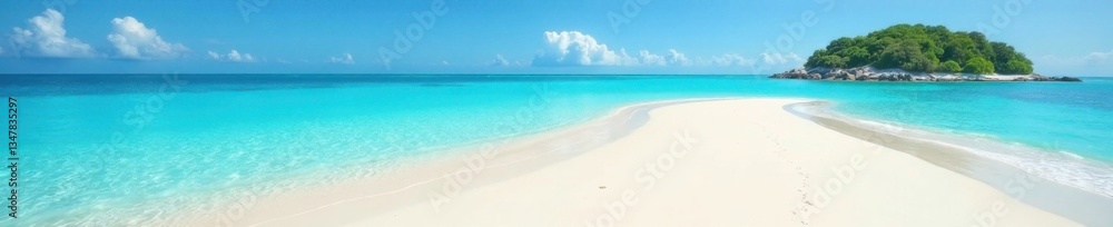 Sandy beach with crystal clear waters and a small island in distance, island, tropical, nature Sandy beach with crystal clear waters and a small island in distance, island, tropical, nature