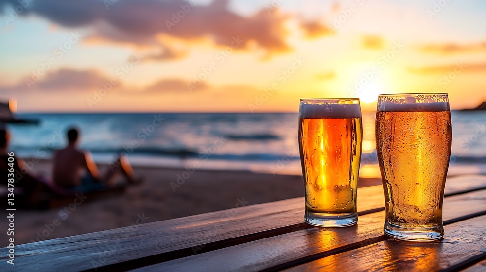 Two beers on a beach at sunset Two beers on a beach at sunset