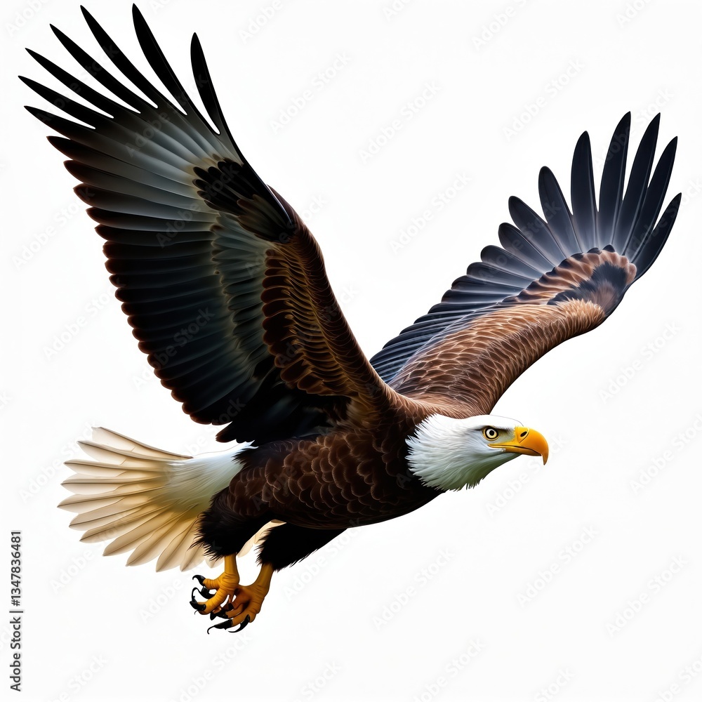 Obraz premium Photorealistic illustration of bald eagle in flight, isolated on white background. American icon bird with open wings, yellow beak and claws. Freedom symbol, soaring in the sky.