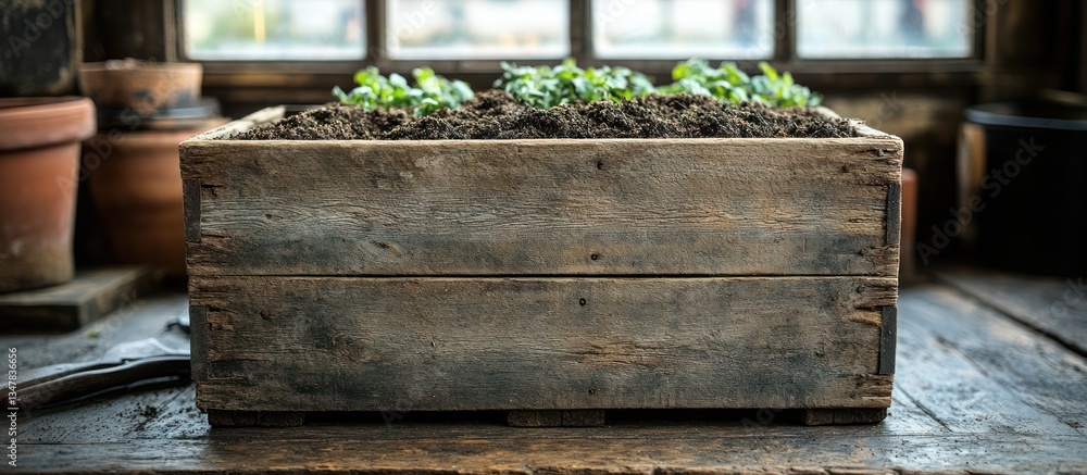 Rustic wooden planter box with seedlings, sitting on a weathered wooden surface near a window. Rustic wooden planter box with seedlings, sitting on a weathered wooden surface near a window.