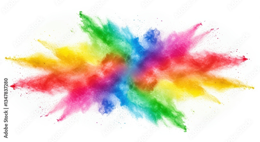 Obraz premium A vibrant explosion of colorful powder creates a lively, symmetrical pattern with hues of red, pink, yellow, green, and blue, perfect for artistic designs and celebrations.